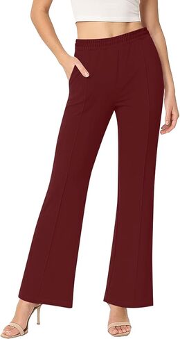 Women's High Waisted Flare Pants Stretchy Business Casual Holiday Trousers with Pockets for Women Trendy(Wine Red, Large) in Kuwait