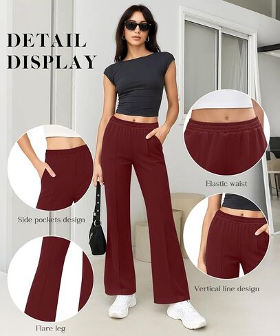 Women's High Waisted Flare Pants Stretchy Business Casual Holiday Trousers with Pockets for Women Trendy(Wine Red, Large) in Kuwait