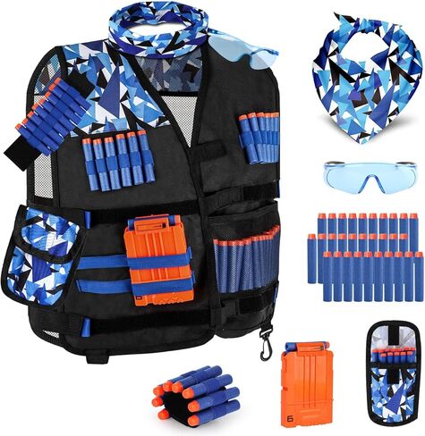 Lehoo Castle 2PACK Kids Tactical Vest Kit for Nerf Guns N-Strike Elite Series for Boys Girls, with 60 Refill Darts, Dart Pouch, Tactical Mask, Reload Clips, Protective Glasses (Blue+Green) in Kuwait