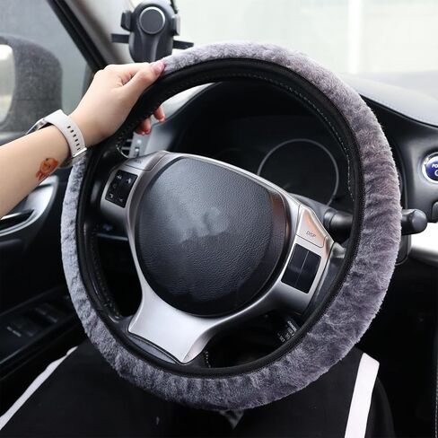 1 Piece Universal Faux Mink Plush Steering Wheel Cover Anti-Slip Warm Elastic Car Steering Wheel Sleeve, Grey in Saudi Arabia