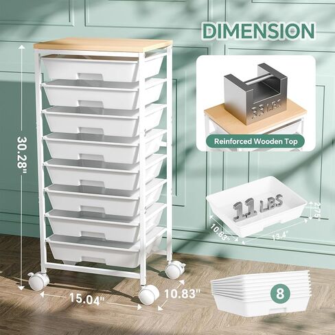 عربة دوارة مع 8 أدراج، عربة أدراج تخزين مع طاولة خشبية وعجلات قابلة للقفل، عربة أدوات لغرفة المعيشة والمكتب والفصول الدراسية وغرفة الحرف اليدوية، بيضاء in Kuwait
