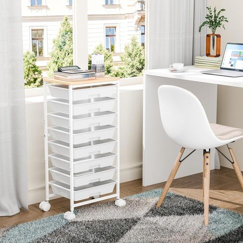 عربة دوارة مع 8 أدراج، عربة أدراج تخزين مع طاولة خشبية وعجلات قابلة للقفل، عربة أدوات لغرفة المعيشة والمكتب والفصول الدراسية وغرفة الحرف اليدوية، بيضاء in Kuwait