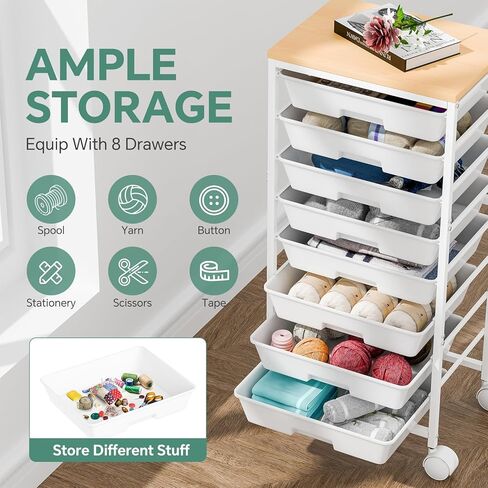 عربة دوارة مع 8 أدراج، عربة أدراج تخزين مع طاولة خشبية وعجلات قابلة للقفل، عربة أدوات لغرفة المعيشة والمكتب والفصول الدراسية وغرفة الحرف اليدوية، بيضاء in Kuwait