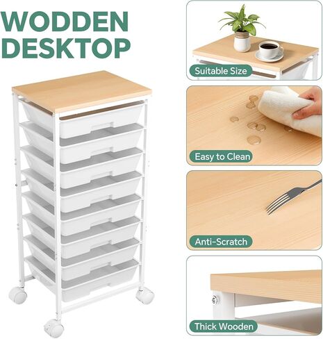 عربة دوارة مع 8 أدراج، عربة أدراج تخزين مع طاولة خشبية وعجلات قابلة للقفل، عربة أدوات لغرفة المعيشة والمكتب والفصول الدراسية وغرفة الحرف اليدوية، بيضاء in Kuwait