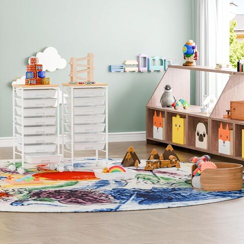 عربة دوارة مع 8 أدراج، عربة أدراج تخزين مع طاولة خشبية وعجلات قابلة للقفل، عربة أدوات لغرفة المعيشة والمكتب والفصول الدراسية وغرفة الحرف اليدوية، بيضاء in Kuwait