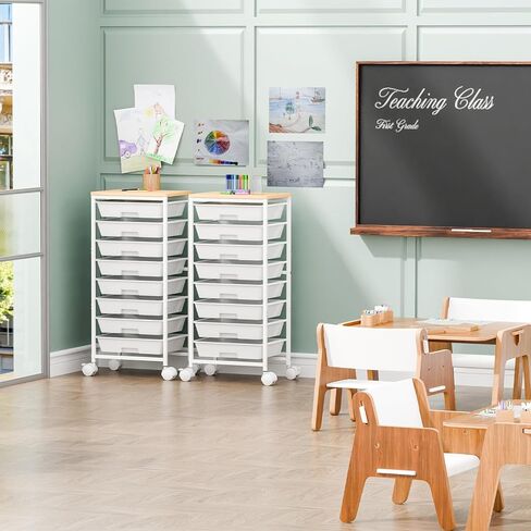 عربة دوارة مع 8 أدراج، عربة أدراج تخزين مع طاولة خشبية وعجلات قابلة للقفل، عربة أدوات لغرفة المعيشة والمكتب والفصول الدراسية وغرفة الحرف اليدوية، بيضاء in Kuwait