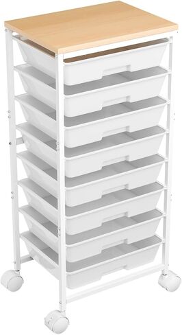عربة دوارة مع 8 أدراج، عربة أدراج تخزين مع طاولة خشبية وعجلات قابلة للقفل، عربة أدوات لغرفة المعيشة والمكتب والفصول الدراسية وغرفة الحرف اليدوية، بيضاء in Kuwait