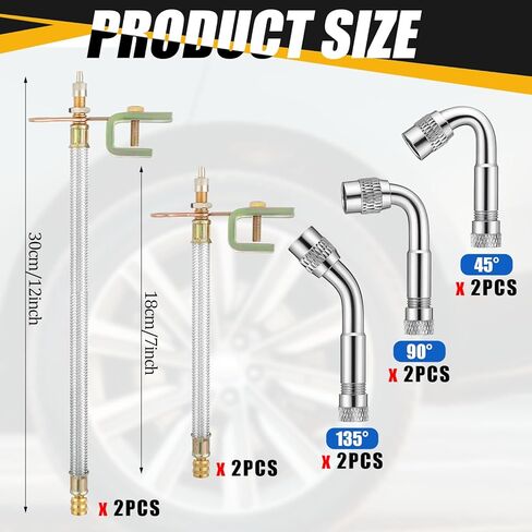 4 قطع من موسعات جذع الصمام، وصلة جذع صمام مزدوجة مضفرة من الفولاذ المقاوم للصدأ مع 6 قطع محول موسع صمامات 45 90 135 درجة لمعظم السيارات والشاحنات والمقطورة المتنقلة (7 بوصة، 12 بوصة) in Kuwait