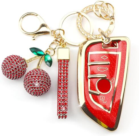 Sparkly Key Fob Cover with Cherry Keychain, Bling TPU Smart Key Case for Women, Compatible with BMW 2 4 5 6 7 X1 X2 X3 X4 X5 X6 430i 340i 840i M Series 2015-2023 (4-Button, Gold Pink) in Kuwait