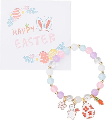 سلة عيد الفصح حشو أساور أرنب للنساء، سوار مطرز ملون مع قلادة أرنب لطيف، إكسسوارات هدايا مجوهرات عيد الفصح المصنوعة يدويًا للنساء المراهقات in Kuwait