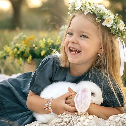 سلة عيد الفصح حشو أساور أرنب للنساء، سوار مطرز ملون مع قلادة أرنب لطيف، إكسسوارات هدايا مجوهرات عيد الفصح المصنوعة يدويًا للنساء المراهقات in Kuwait