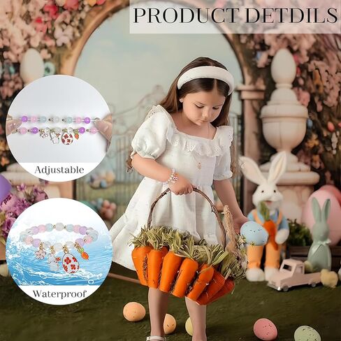 سلة عيد الفصح حشو أساور أرنب للنساء، سوار مطرز ملون مع قلادة أرنب لطيف، إكسسوارات هدايا مجوهرات عيد الفصح المصنوعة يدويًا للنساء المراهقات in Kuwait