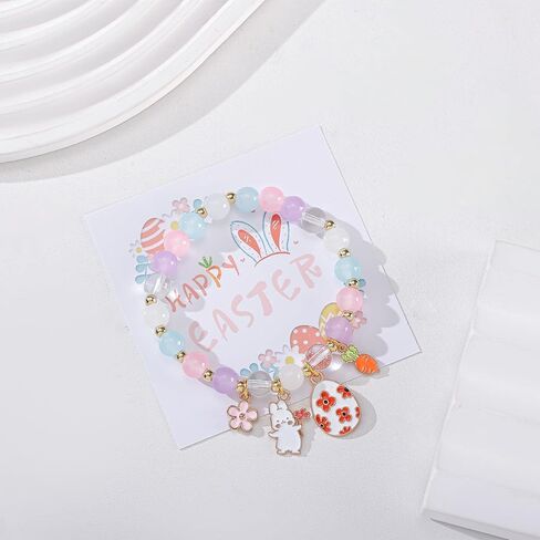 سلة عيد الفصح حشو أساور أرنب للنساء، سوار مطرز ملون مع قلادة أرنب لطيف، إكسسوارات هدايا مجوهرات عيد الفصح المصنوعة يدويًا للنساء المراهقات in Kuwait
