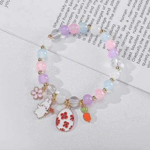 سلة عيد الفصح حشو أساور أرنب للنساء، سوار مطرز ملون مع قلادة أرنب لطيف، إكسسوارات هدايا مجوهرات عيد الفصح المصنوعة يدويًا للنساء المراهقات in Kuwait