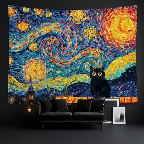 Kanuyee فان جوخ نمط القطة السوداء ليلة مليئة بالنجوم نسيج الجدار، الانطباعية الفنية النفط اللوحة المفروشات لديكور الغرفة، نسيج غريب الاطوار 60 "× 44" in Kuwait
