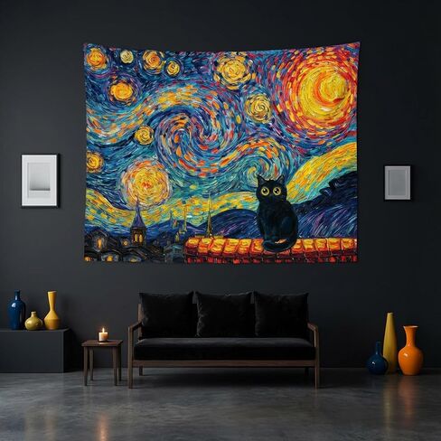Kanuyee فان جوخ نمط القطة السوداء ليلة مليئة بالنجوم نسيج الجدار، الانطباعية الفنية النفط اللوحة المفروشات لديكور الغرفة، نسيج غريب الاطوار 60 "× 44" in Kuwait