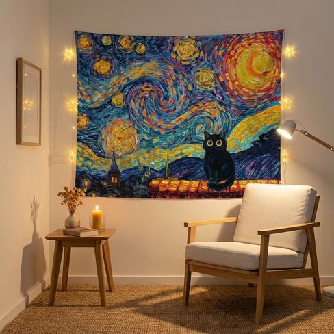 Kanuyee فان جوخ نمط القطة السوداء ليلة مليئة بالنجوم نسيج الجدار، الانطباعية الفنية النفط اللوحة المفروشات لديكور الغرفة، نسيج غريب الاطوار 60 "× 44" in Kuwait