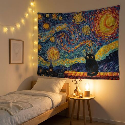 Kanuyee فان جوخ نمط القطة السوداء ليلة مليئة بالنجوم نسيج الجدار، الانطباعية الفنية النفط اللوحة المفروشات لديكور الغرفة، نسيج غريب الاطوار 60 "× 44" in Kuwait