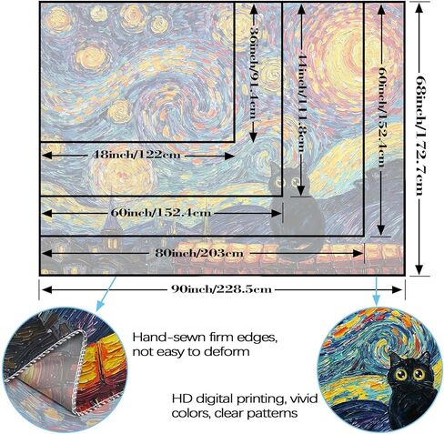 Kanuyee فان جوخ نمط القطة السوداء ليلة مليئة بالنجوم نسيج الجدار، الانطباعية الفنية النفط اللوحة المفروشات لديكور الغرفة، نسيج غريب الاطوار 60 "× 44" in Kuwait