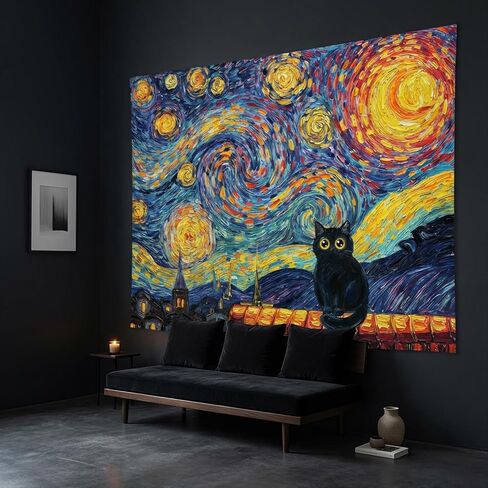 Kanuyee فان جوخ نمط القطة السوداء ليلة مليئة بالنجوم نسيج الجدار، الانطباعية الفنية النفط اللوحة المفروشات لديكور الغرفة، نسيج غريب الاطوار 60 "× 44" in Kuwait