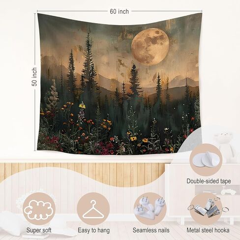 WARDOS Moody Moonlit Night Forest Nature Tapestry, Vintage Pine Tree Plant Wall Hanging, Dark Academia Cottagecore Wildflower Botanical Wall Blanket Decor for Bedroom Living Room, 50x60 Inch in Kuwait