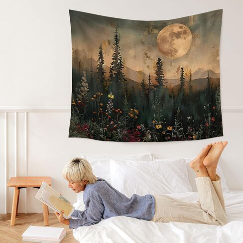 WARDOS Moody Moonlit Night Forest Nature Tapestry, Vintage Pine Tree Plant Wall Hanging, Dark Academia Cottagecore Wildflower Botanical Wall Blanket Decor for Bedroom Living Room, 50x60 Inch in Kuwait