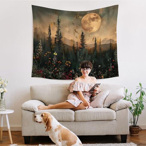 WARDOS Moody Moonlit Night Forest Nature Tapestry, Vintage Pine Tree Plant Wall Hanging, Dark Academia Cottagecore Wildflower Botanical Wall Blanket Decor for Bedroom Living Room, 50x60 Inch in Kuwait