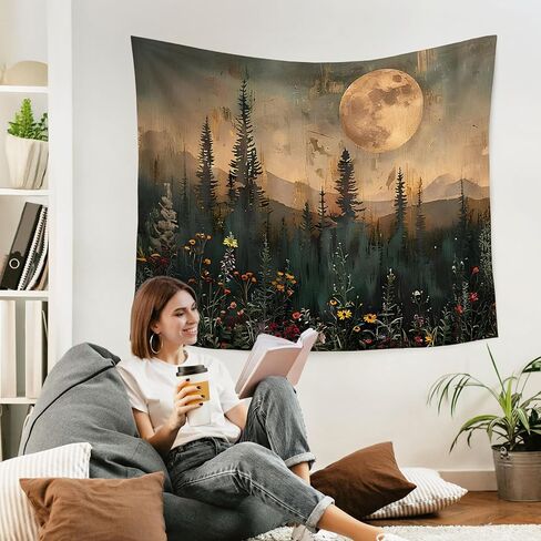 WARDOS Moody Moonlit Night Forest Nature Tapestry, Vintage Pine Tree Plant Wall Hanging, Dark Academia Cottagecore Wildflower Botanical Wall Blanket Decor for Bedroom Living Room, 50x60 Inch in Kuwait