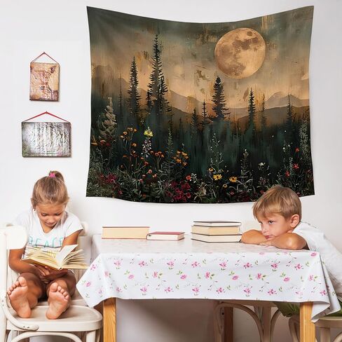 WARDOS Moody Moonlit Night Forest Nature Tapestry, Vintage Pine Tree Plant Wall Hanging, Dark Academia Cottagecore Wildflower Botanical Wall Blanket Decor for Bedroom Living Room, 50x60 Inch in Kuwait