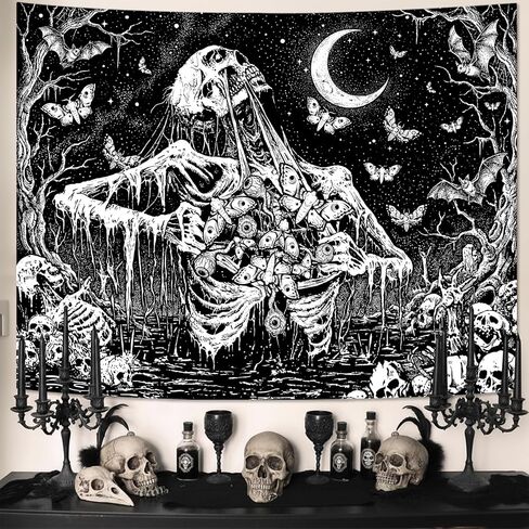lifeel القوطية نسيج أبيض وأسود، الهيكل العظمي الداكن الجمجمة العثة شيطان القمر الفراشة المفروشات لغرفة المعيشة النوم، 44x60 بوصة in Kuwait