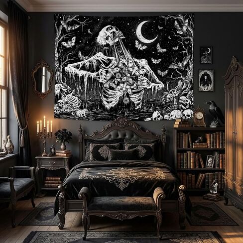 lifeel القوطية نسيج أبيض وأسود، الهيكل العظمي الداكن الجمجمة العثة شيطان القمر الفراشة المفروشات لغرفة المعيشة النوم، 44x60 بوصة in Kuwait