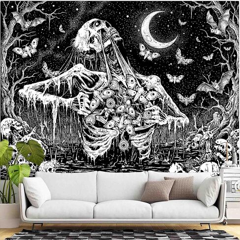 lifeel القوطية نسيج أبيض وأسود، الهيكل العظمي الداكن الجمجمة العثة شيطان القمر الفراشة المفروشات لغرفة المعيشة النوم، 44x60 بوصة in Kuwait
