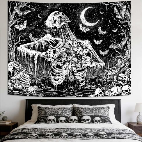 lifeel القوطية نسيج أبيض وأسود، الهيكل العظمي الداكن الجمجمة العثة شيطان القمر الفراشة المفروشات لغرفة المعيشة النوم، 44x60 بوصة in Kuwait