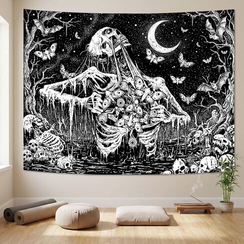 lifeel القوطية نسيج أبيض وأسود، الهيكل العظمي الداكن الجمجمة العثة شيطان القمر الفراشة المفروشات لغرفة المعيشة النوم، 44x60 بوصة in Kuwait