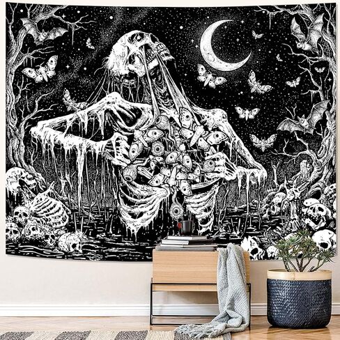 lifeel القوطية نسيج أبيض وأسود، الهيكل العظمي الداكن الجمجمة العثة شيطان القمر الفراشة المفروشات لغرفة المعيشة النوم، 44x60 بوصة in Kuwait
