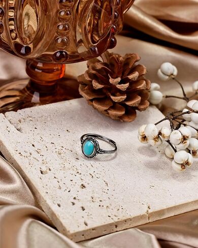 Turquoise Ring for Women, S925 Sterling Silver Boho Ring with Vintage Filigree Adjustable Design, Turquoise Birthstone Jewelry for Dating Daily Wear in Saudi Arabia