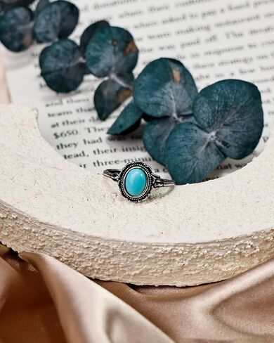 Turquoise Ring for Women, S925 Sterling Silver Boho Ring with Vintage Filigree Adjustable Design, Turquoise Birthstone Jewelry for Dating Daily Wear in Saudi Arabia