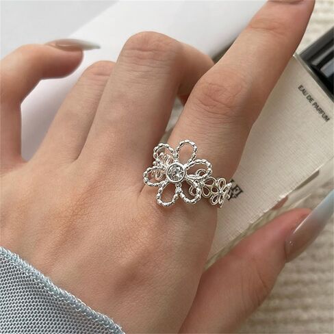 CZ Hollow Daisy Flower Statement Ring for Women Silver Plated Dainty Adjustable Expandable Cherry Blossom Open Wrap Finger Rings Comfort Fit Elegant Wedding Engagement Party Jewelry Gift in Saudi Arabia