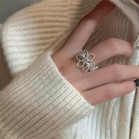 CZ Hollow Daisy Flower Statement Ring for Women Silver Plated Dainty Adjustable Expandable Cherry Blossom Open Wrap Finger Rings Comfort Fit Elegant Wedding Engagement Party Jewelry Gift in Saudi Arabia