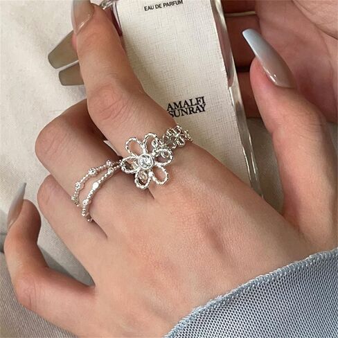 CZ Hollow Daisy Flower Statement Ring for Women Silver Plated Dainty Adjustable Expandable Cherry Blossom Open Wrap Finger Rings Comfort Fit Elegant Wedding Engagement Party Jewelry Gift in Saudi Arabia