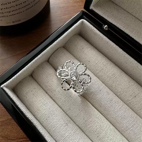 CZ Hollow Daisy Flower Statement Ring for Women Silver Plated Dainty Adjustable Expandable Cherry Blossom Open Wrap Finger Rings Comfort Fit Elegant Wedding Engagement Party Jewelry Gift in Saudi Arabia