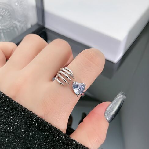 Skull Hand CZ Heart Wrap Open Band Ring for Women Punk Skeleton Crystal Love Hearts Adjustable Stacking Statement Finger Rings Comfort Fit Cool Gothic Biker Jewelry for Her Wedding Engagement in Saudi Arabia
