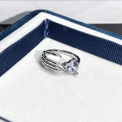 Skull Hand CZ Heart Wrap Open Band Ring for Women Punk Skeleton Crystal Love Hearts Adjustable Stacking Statement Finger Rings Comfort Fit Cool Gothic Biker Jewelry for Her Wedding Engagement in Saudi Arabia