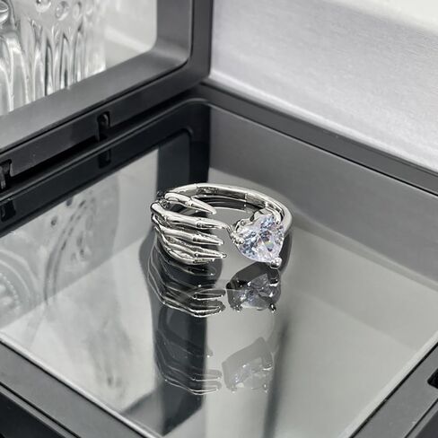 Skull Hand CZ Heart Wrap Open Band Ring for Women Punk Skeleton Crystal Love Hearts Adjustable Stacking Statement Finger Rings Comfort Fit Cool Gothic Biker Jewelry for Her Wedding Engagement in Saudi Arabia