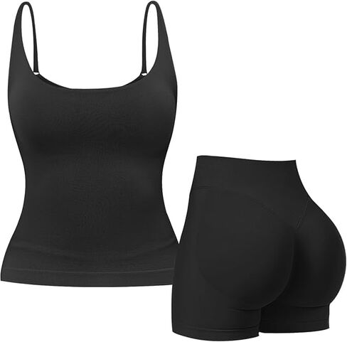 Workout Sets for Women 2 Piece Seamless Spaghetti Strap Square Tank Top Hidden Scrunch Shorts Yoga Outfits Gym Tracksuits in Saudi Arabia