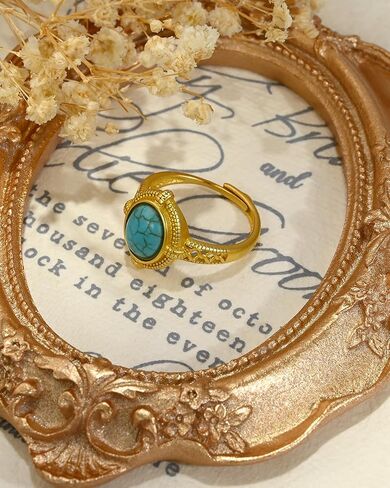 خاتم بوهو مفتوح عتيق مطلي بالذهب عيار 14 قيراط بتصميم فيروزي قابل للتعديل للنساء in Kuwait