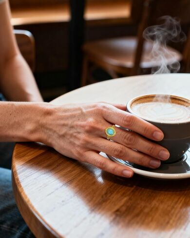 خاتم بوهو مفتوح عتيق مطلي بالذهب عيار 14 قيراط بتصميم فيروزي قابل للتعديل للنساء in Kuwait