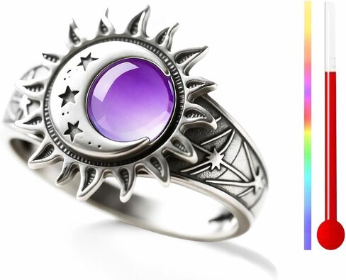 Round Temperature-Control Color Changing Ring, Silver Plated Crystal Sun Moon Star Design, Boho Statement Jewelry for Women in Kuwait