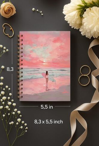 bitCNY Surf Girl Notebook 8.3x5.5 Inch – Pink Sunset Beach Spiral Journal, Inspirational Ocean Notebook for Girls & Teens, Lined Paper for Journaling in Saudi Arabia
