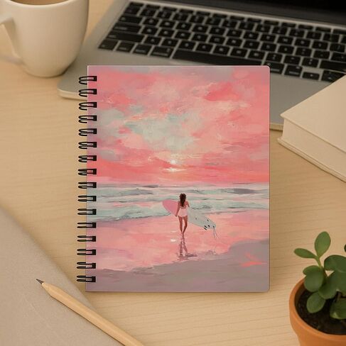 bitCNY Surf Girl Notebook 8.3x5.5 Inch – Pink Sunset Beach Spiral Journal, Inspirational Ocean Notebook for Girls & Teens, Lined Paper for Journaling in Saudi Arabia
